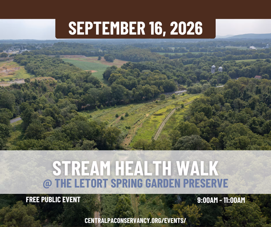 Aerial view of a green, wooded landscape with overlaid banners announcing a free public event: 'September 16, 2026' and 'Stream Health Walk @ The Letort Spring Garden Preserve' 9:00–11:00 am.