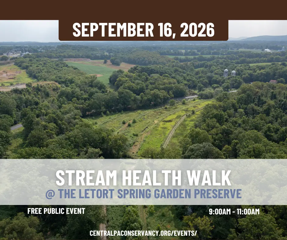 Aerial view of a green, wooded landscape with overlaid banners announcing a free public event: 'September 16, 2026' and 'Stream Health Walk @ The Letort Spring Garden Preserve' 9:00–11:00 am.