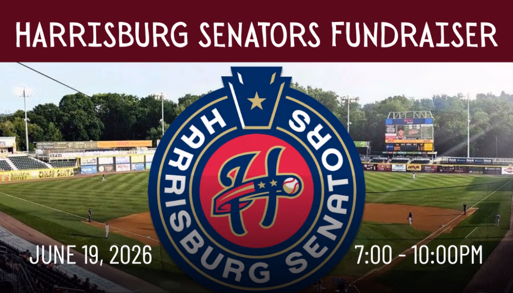 Promotional banner for Harrisburg Senators Fundraiser over a baseball field, with a large circular logo centered; date June 19, 2026 and time 7:00–10:00 PM.