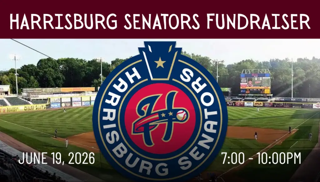 Promotional banner for Harrisburg Senators Fundraiser over a baseball field, with a large circular logo centered; date June 19, 2026 and time 7:00–10:00 PM.