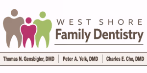West Shore Family Dentistry logo with three abstract figures (brown, magenta, green) beside the 'West Shore Family Dentistry' text and dentist names below.